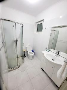 a bathroom with a shower and a sink and a toilet at IMOBITUR-Tourist Apartments- Palmarejo Centro AV SV in Praia