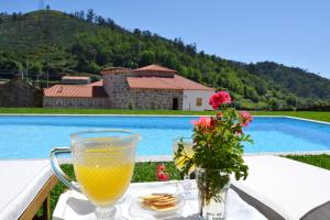 a glass of orange juice sitting on a table next to a pool at Casa da Portela de Sampriz in Ponte da Barca