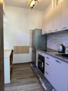 uma cozinha com armários brancos e electrodomésticos de aço inoxidável em Studios & Apartments Palas by GLAM em Iaşi
