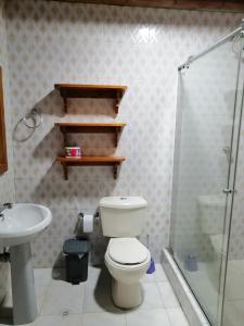 La salle de bains est pourvue de toilettes, d'un lavabo et d'une douche. dans l'établissement Casa el edén, à Choachí