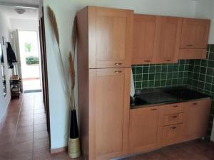 a kitchen with wooden cabinets and a green tile wall at Vacances en Corse in San-Nicolao