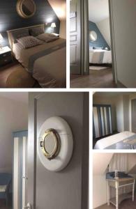 a collage of pictures of a bedroom with a bed and a mirror at Retour de plage in Locmaria