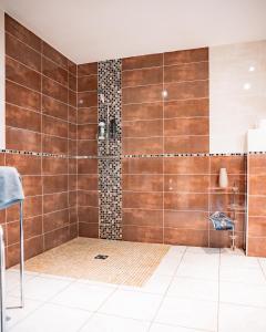 a bathroom with a shower with brown tiles at Le Fauverney Lodge in Fauverney
