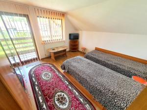 a small bedroom with two beds and a television at Pensiunea Geta in Rucăr
