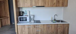 eine Küche mit Spüle und Mikrowelle in der Unterkunft Aparthotel Apartamenty Czarna Góra 403 in Heudorf + 21 Fotos
