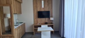 ein Hotelzimmer mit einem Waschbecken und einem TV an der Wand in der Unterkunft Aparthotel Apartamenty Czarna Góra 403 in Heudorf + 19 Fotos