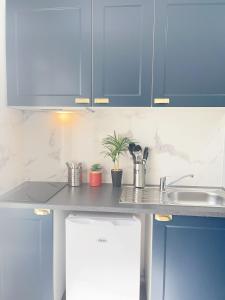 Una cocina con gabinetes azules y un fregadero. en La MiMi des Minimes, en La Rochelle