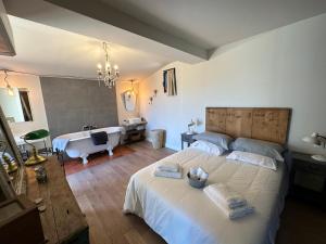 een slaapkamer met een groot bed en een bad bij Les Balcons du Luberon in Apt