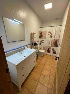 a bathroom with a sink and a toilet and a mirror at Molinet in Santa Eulalia de Ronsaná