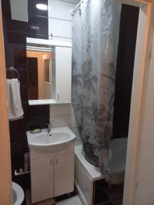 ein Bad mit einem Waschbecken und einem Duschvorhang in der Unterkunft Gale in Jagodina