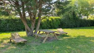 un tavolo da picnic e 2 sedie sotto un albero di Appartement independant à Sarzeau Emplacement exceptionnel 4 couchages a Sarzeau