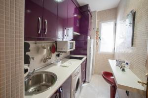 a kitchen with purple cabinets and a sink at DEL ARZOBISPO in Plasencia