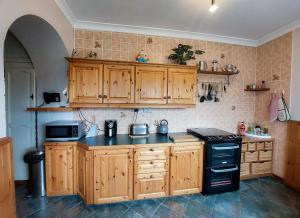 a kitchen with wooden cabinets and a black stove at Farm View Cottage Castlerea in Castlerea
