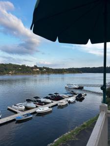 a group of boats docked at a dock on a lake at Chambre d’hôtes avec piscine in Éguzon-Chantôme