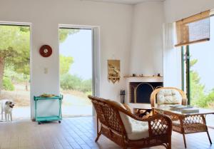 a living room with a dog looking out the door at Caper & Olive mountain cottage in Vathí