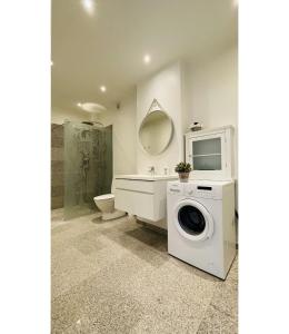 een badkamer met een wasmachine en een wastafel bij ApartmentInCopenhagen Apartment 1555 in Kopenhagen