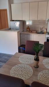 a kitchen with a table with a potted plant on it at Apartments Krivokapic Kotor in Kotor