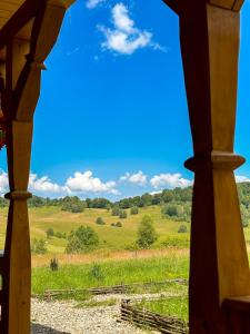 Satu Şugatag的住宿－Căsuțele din Poiană，从房子的窗户欣赏田野的景色