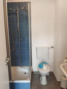 a bathroom with a shower and a toilet at Ferienwohnungen-Oberkochen.de Stadtherberge Sperberstraße in Oberkochen