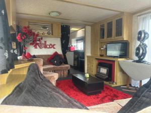 a living room with a couch and a fireplace at Tracy’s holiday home - static caravan in Hemsby