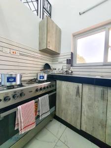 cocina con fogones y fregadero en 1 bedrm Apt wi-fi rooftop pool en Mombasa