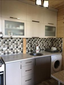 a kitchen with a sink and a washing machine at Chalet Ochos Qokhi in Kvariati