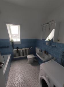 a bathroom with a toilet and a sink and a mirror at Schöne Wohnung an der Nordsee in Mildstedt in Mildstedt