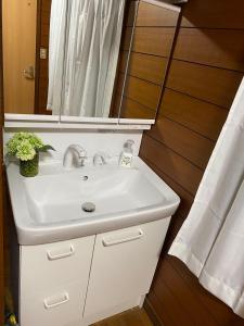 W łazience znajduje się umywalka i lustro. w obiekcie 日式庭院豪宅 