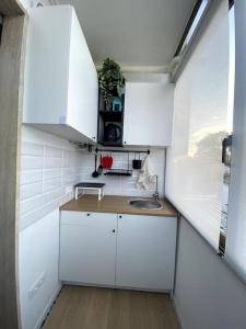uma pequena cozinha com armários brancos e um lavatório em Appartamento in pieno centro - 500 metri dal mare. em Viareggio