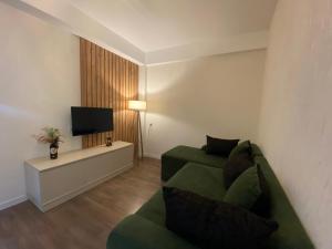 a living room with a green couch and a television at Apartment Nizami Kutaisi in Kutaisi