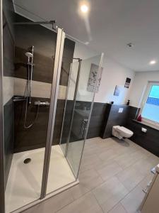 ein Bad mit einer Dusche und einem WC in der Unterkunft Modern und Rustikal mit Kamin Ferienwohnung Kohlert in Bad Berleburg
