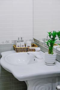 Un inodoro blanco en un baño con una planta. en Sun & Sea Hotel, en Hai Phong