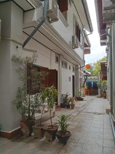 a courtyard with potted plants on the side of a building at Villa Visay II in Luang Prabang