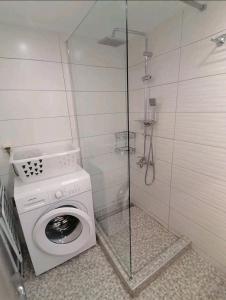 a washing machine in a bathroom with a glass shower at P&K LUXURY APARTMENTS 1 in Kalamata