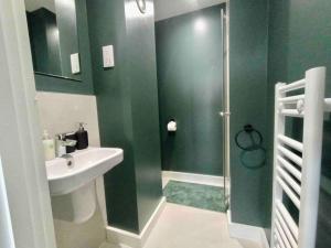 a green bathroom with a sink and a shower at Lovely 1 Bedroom Duplex Apartment in Manchester in Manchester