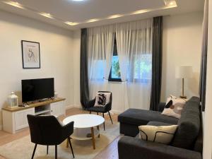 ein Wohnzimmer mit Sofa und Fernseher in der Unterkunft Olive center apartment in Trebinje