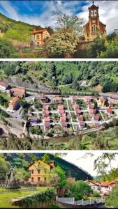 dos fotos de un pueblo con una iglesia en una colina en POSADA de BUSTIELLO, en Mieres