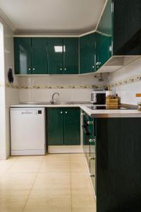 eine Küche mit grünen Schränken und einem weißen Geschirrspüler in der Unterkunft Villa del Sol in Gran Alacant