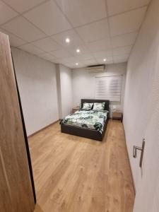 een slaapkamer met een bed en een houten vloer bij Appartement Centre ville in Chalon-sur-Saône