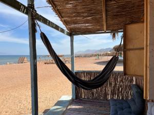 a hammock on a beach with the ocean in the background at ANNE Sinai's Best Camp & Resturant in Nuweiba
