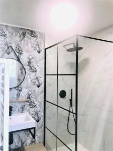 y baño con ducha y lavamanos. en Les Mathurins, en Châlons-en-Champagne
