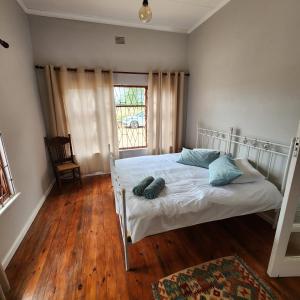 a bedroom with a white bed with blue pillows and a window at Karoo Leeu Self Catering in Oudtshoorn