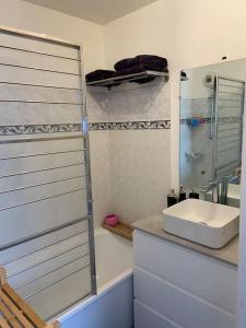 uma casa de banho com um lavatório e uma cabina de duche em vidro. em Jessi home em Limeil-Brévannes