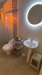 a bathroom with a toilet and a sink and a mirror at El Segoviano Alojamiento Rural in Pedro Vicente Maldonado