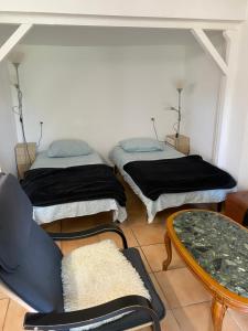 two beds in a room with a couch and a table at Locations de la centrale de Belleville in Neuvy-sur-Loire