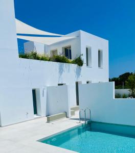 ein weißes Haus mit einem Pool davor in der Unterkunft Casa di Amerissa Premium Accommodation in Skyros
