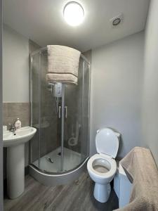 a bathroom with a shower and a toilet and a sink at Enchanting Escape Castle Vale in Minworth