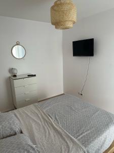 een slaapkamer met een bed en een tv aan de muur bij Appartement cosy proche Stade de france - JO PARIS 2024 in Le Blanc-Mesnil