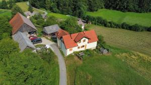 an aerial view of a house with a truck on a road at Green place in Žetale