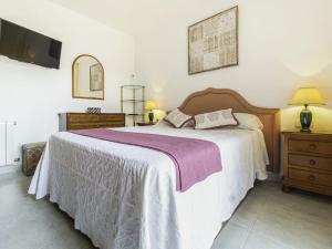 阿羅堡的住宿－Piso ideal para dos con balcón Platja d'Aro，一间卧室配有一张大床和紫色毯子